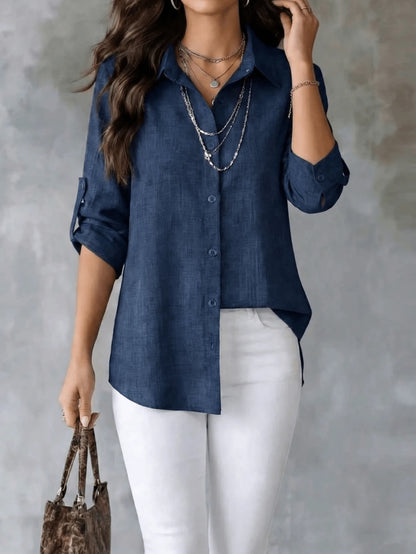 Women's Textured Shirt, Collared, Button Front, Roll-Up Long Sleeves And Curved High-Low Hem, Casual Office Wear For Spring & Autumn, Fashion Women Long Sleeve Shirt Blouse With Asymmetric Hem, Classi