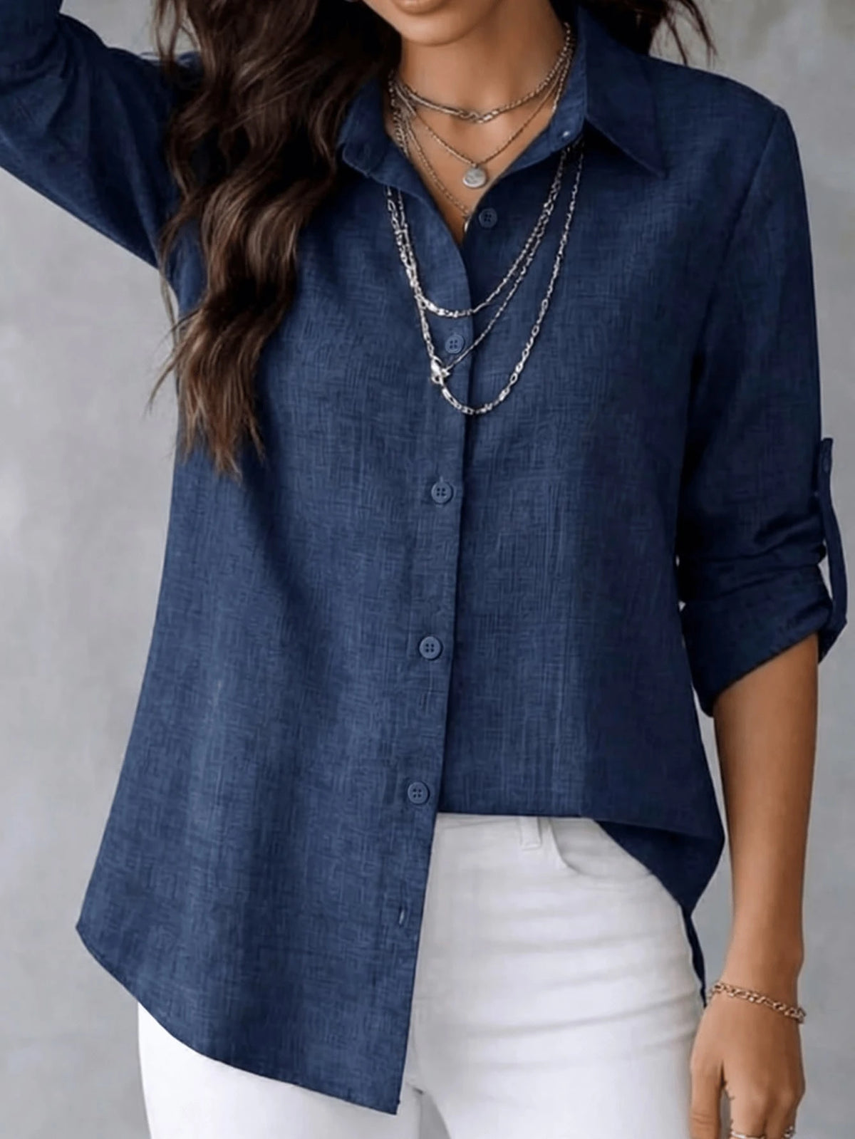 Women's Textured Shirt, Collared, Button Front, Roll-Up Long Sleeves And Curved High-Low Hem, Casual Office Wear For Spring & Autumn, Fashion Women Long Sleeve Shirt Blouse With Asymmetric Hem, Classi