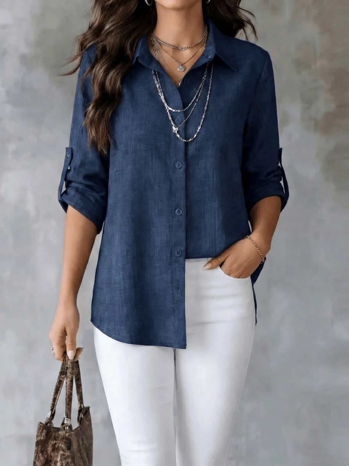 Women's Textured Shirt, Collared, Button Front, Roll-Up Long Sleeves And Curved High-Low Hem, Casual Office Wear For Spring & Autumn, Fashion Women Long Sleeve Shirt Blouse With Asymmetric Hem, Classi