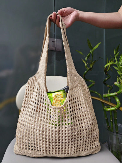 Women's Tote Bag, Back To School Crochet Woven Bag, Large Women's Handbag, Women's Knitted Shoulder Bag, Crochet Woven Bag, Girls' Crochet Woven Bag, Summer Beach Tote Bag, Large Capacity Student Summ