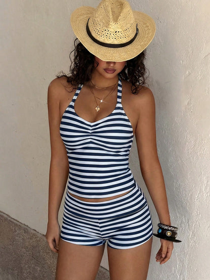 Women's Two-Piece Swimsuit, Elegant Striped Print Short Swim Top With Shorts, Suitable For Vacation, Beach, Swimming, Back To School And Other Occasions, Suitable For Autumn/Winter And Spring/Summer S