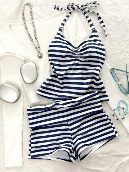 Women's Two-Piece Swimsuit, Elegant Striped Print Short Swim Top With Shorts, Suitable For Vacation, Beach, Swimming, Back To School And Other Occasions, Suitable For Autumn/Winter And Spring/Summer S