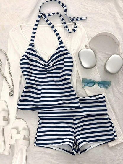 Women's Two-Piece Swimsuit, Elegant Striped Print Short Swim Top With Shorts, Suitable For Vacation, Beach, Swimming, Back To School And Other Occasions, Suitable For Autumn/Winter And Spring/Summer S