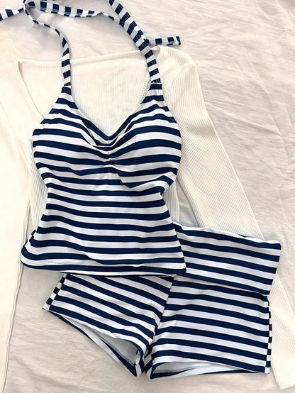 Women's Two-Piece Swimsuit, Elegant Striped Print Short Swim Top With Shorts, Suitable For Vacation, Beach, Swimming, Back To School And Other Occasions, Suitable For Autumn/Winter And Spring/Summer S