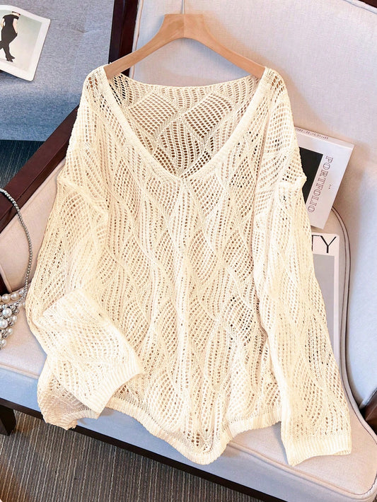 Women's V-Neck Hollow Rhombus Design Loose Knit Cover Up, Airy And Breathable For Beach/Resort Wear, Spring/Summer Vacation