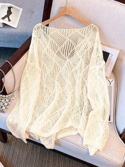 Women's V-Neck Hollow Rhombus Design Loose Knit Cover Up, Airy And Breathable For Beach/Resort Wear, Spring/Summer Vacation