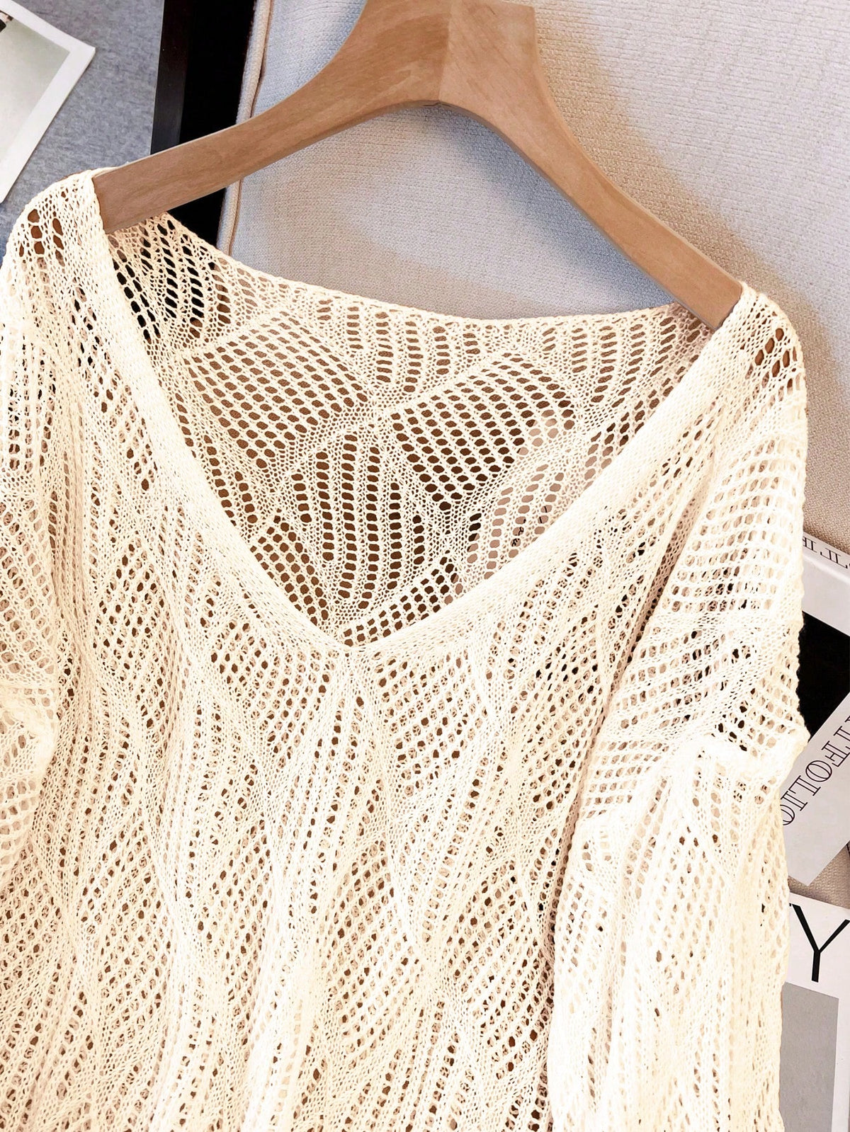 Women's V-Neck Hollow Rhombus Design Loose Knit Cover Up, Airy And Breathable For Beach/Resort Wear, Spring/Summer Vacation