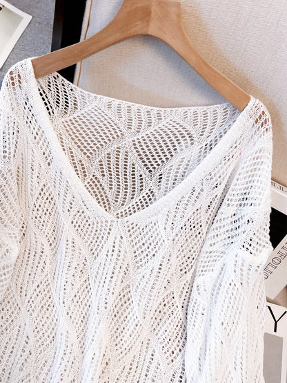 Women's V-Neck Hollow Rhombus Design Loose Knit Cover Up, Airy And Breathable For Beach/Resort Wear, Spring/Summer Vacation