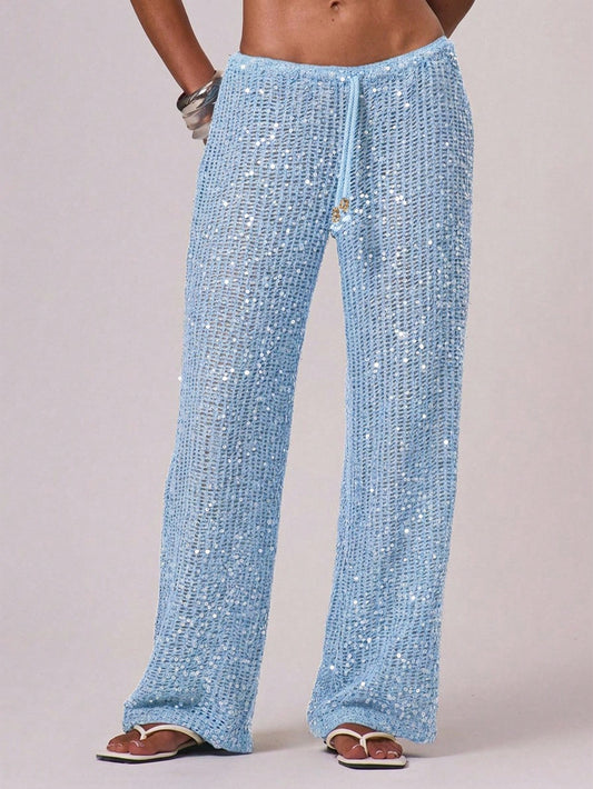 Women's Vacation Beach Wide Leg Crochet Sequin Pants, Elegant Bohemian Style