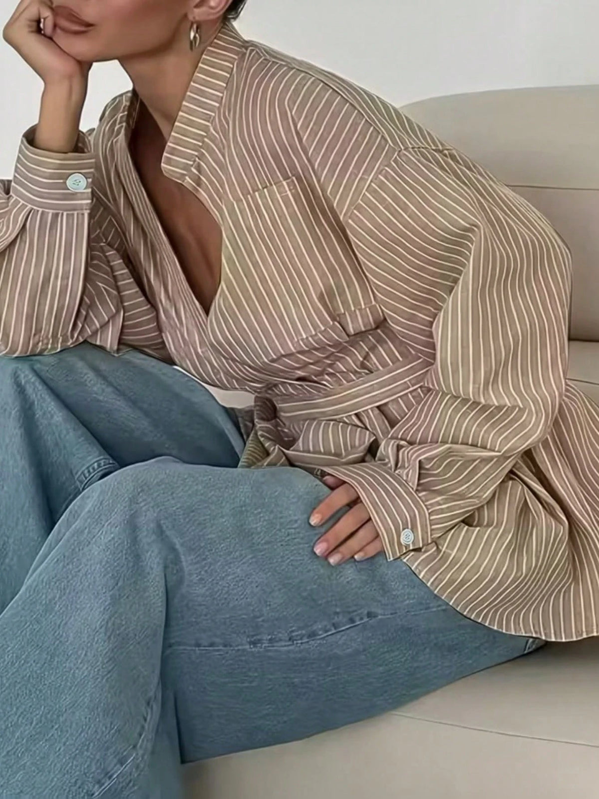 Women's Vintage Brown Striped Shirt, Fashion Long Sleeve Blouse, Brown Top, Elegant Women's Blouses, Holiday Outfits For Women, Summer/Spring Clothing