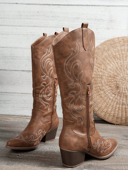 Women's Vintage Embroidered Western Cowboy Boots For Vacation, Music Festivals, And Casual Outings, Festival Footwear, Pointed Toe Design, Durable Tpr Sole Western Embroidery Holiday, Cowgirl Boots