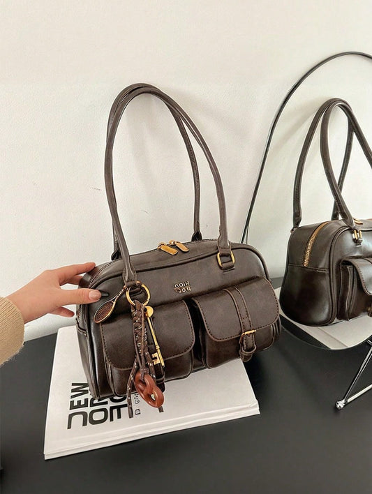 Women's Vintage Solid Color Faux Leather Shoulder Bag, Large Capacity Multi-Pocket Retro PU Leather Handbag With Detachable Decorative Charm