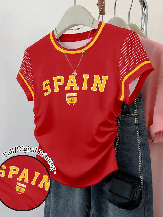 Women's Waist Cinched Short Sleeve Fitted Ruched Waist Top Spain Letter Print Graphic Short Sleeve Stripe T-Shirt Tee