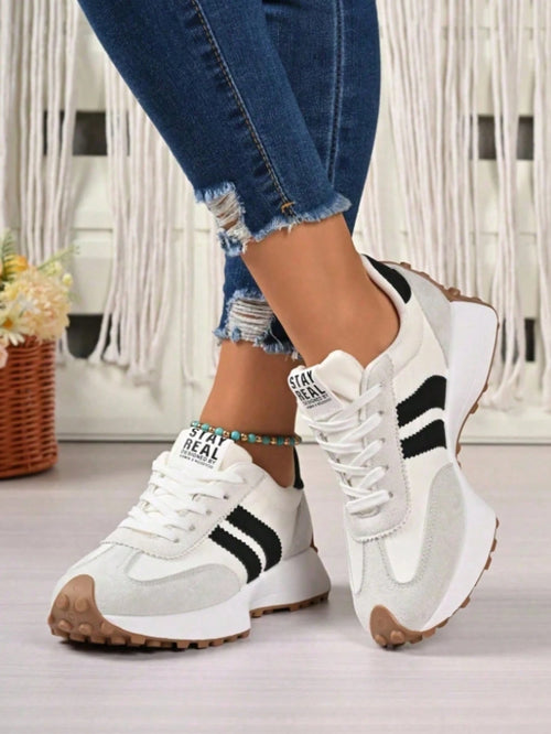 Women's White Casual Sneakers, Low-Top, Lightweight, Non-Slip, Wear-Resistant, Low Heel, Round Toe, Breathable, Lace-Up, Suitable For Outdoor Sports,