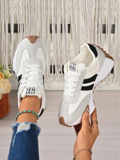 Women's White Casual Sneakers, Low-Top, Lightweight, Non-Slip, Wear-Resistant, Low Heel, Round Toe, Breathable, Lace-Up, Suitable For Outdoor Sports,