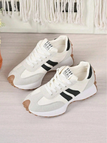 Women's White Casual Sneakers, Low-Top, Lightweight, Non-Slip, Wear-Resistant, Low Heel, Round Toe, Breathable, Lace-Up, Suitable For Outdoor Sports,
