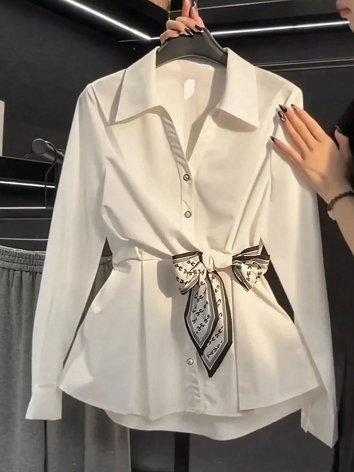 Women's White Long Sleeve Cinched Waist Scarf Blouse, Elegant For Commuting And Outings, Spring/Summer