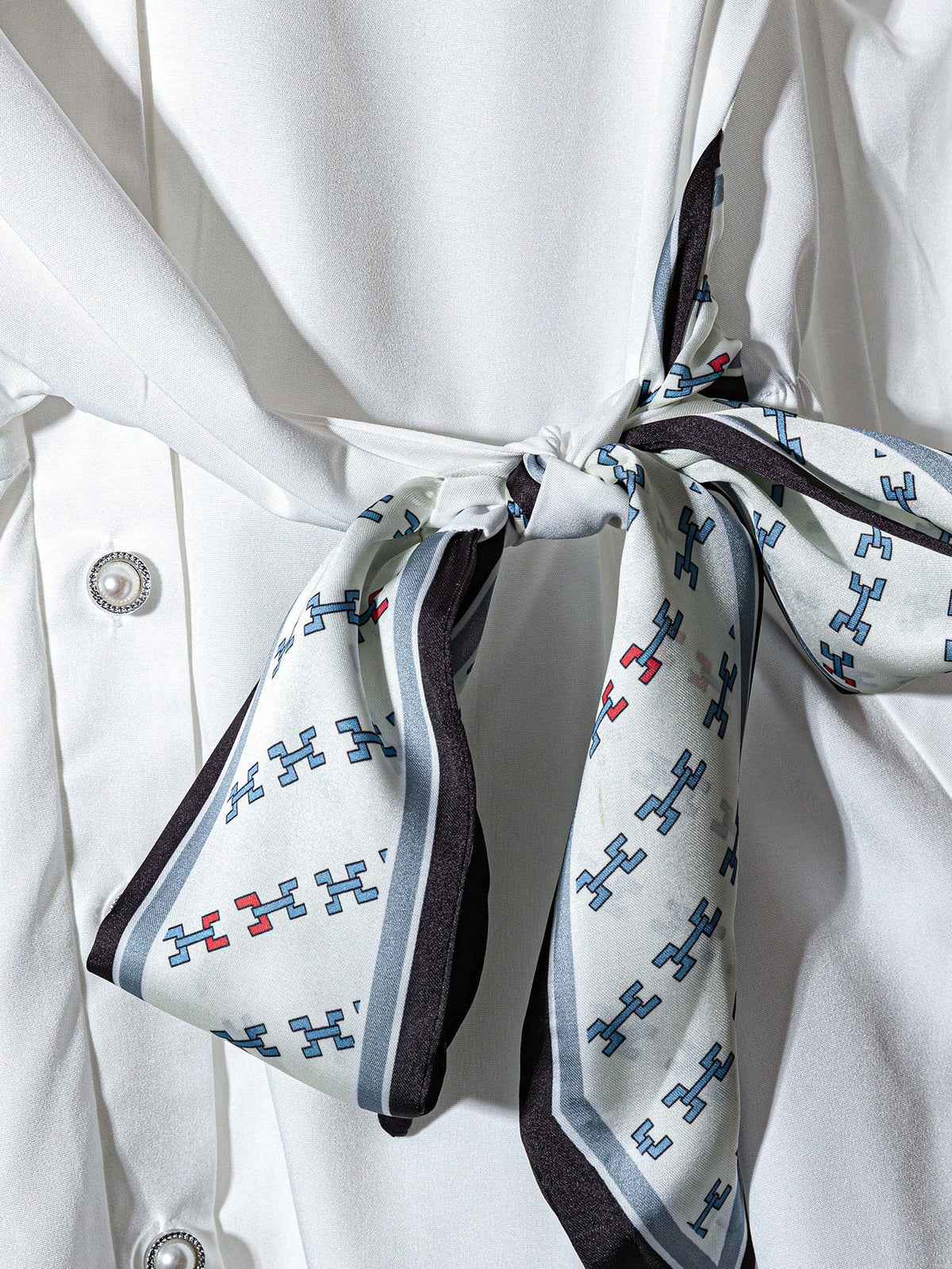 Women's White Long Sleeve Cinched Waist Scarf Blouse, Elegant For Commuting And Outings, Spring/Summer