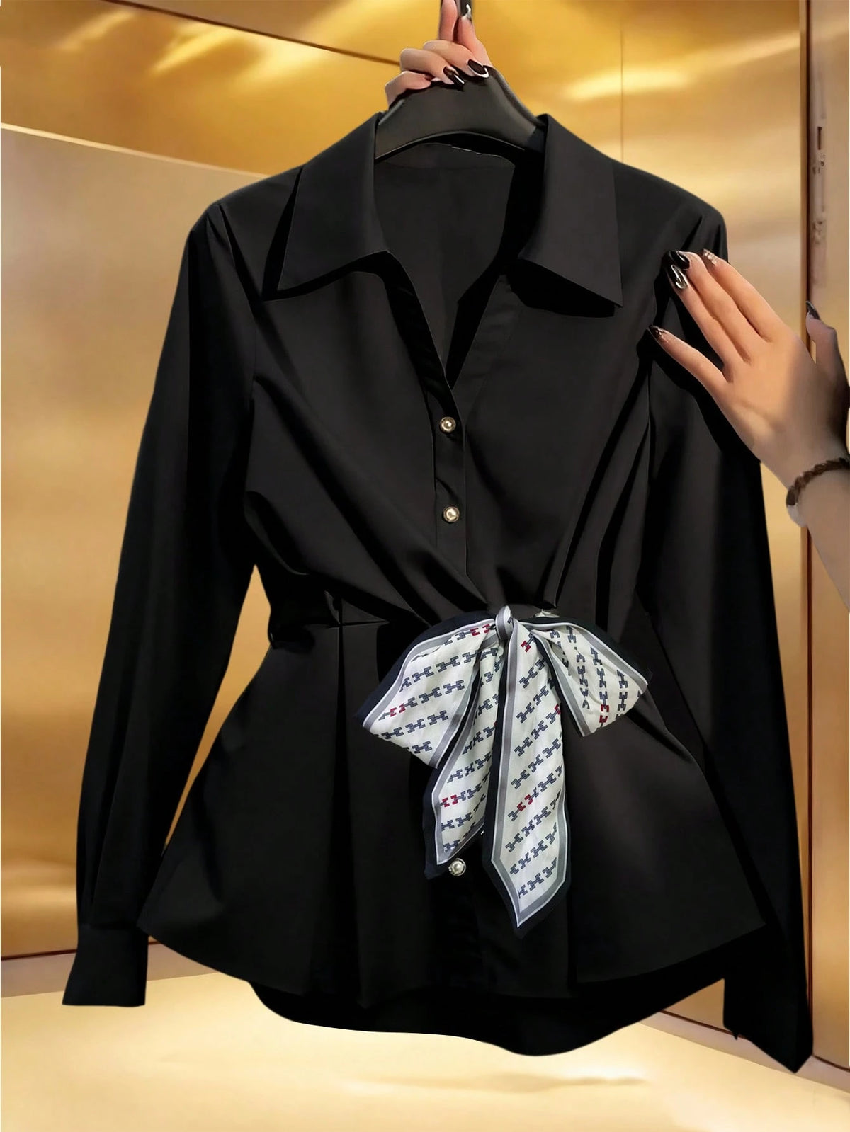 Women's White Long Sleeve Cinched Waist Scarf Blouse, Elegant For Commuting And Outings, Spring/Summer