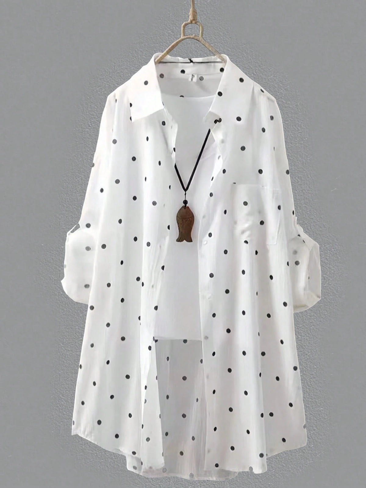 Women's White Polka Dot Long Shirt, Collared, Long Sleeve, Front Button Pocket, Regular Hem, Rolled Sleeve, Flowy Breathable Lightweight Shirt, Summer Beach Vacation Sun Protection Outerwear Spring