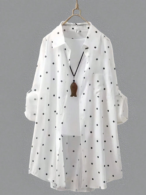 Women's White Polka Dot Long Shirt, Collared, Long Sleeve, Front Button Pocket, Regular Hem, Rolled Sleeve, Flowy Breathable Lightweight Shirt, Summer Beach Vacation Sun Protection Outerwear Spring