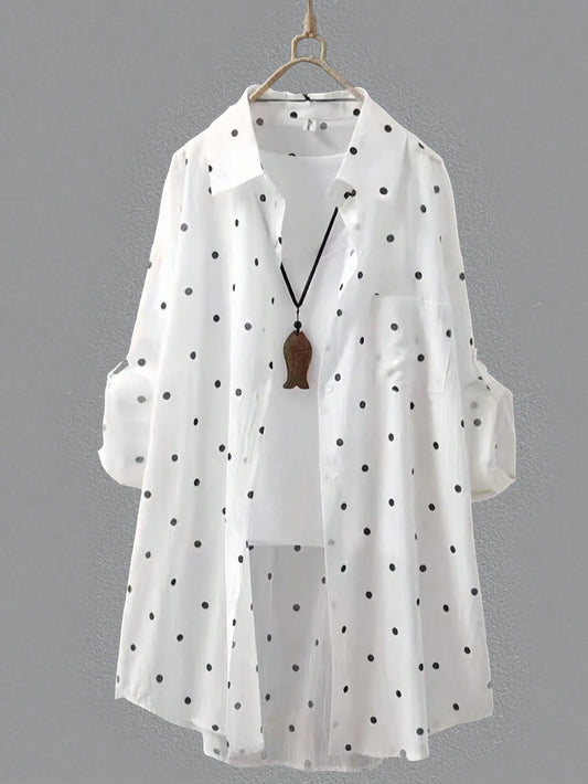 Women's White Polka Dot Long Shirt, Collared, Long Sleeve, Front Button Pocket, Regular Hem, Rolled Sleeve, Flowy Breathable Lightweight Shirt, Summer Beach Vacation Sun Protection Outerwear Spring