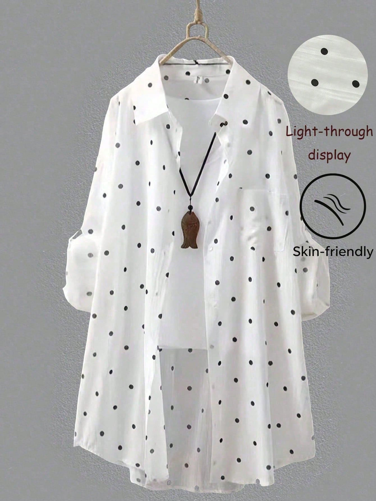 Women's White Polka Dot Long Shirt, Collared, Long Sleeve, Front Button Pocket, Regular Hem, Rolled Sleeve, Flowy Breathable Lightweight Shirt, Summer Beach Vacation Sun Protection Outerwear Spring