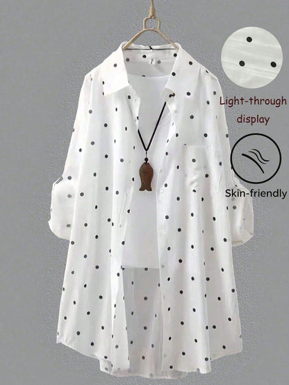 Women's White Polka Dot Long Shirt, Collared, Long Sleeve, Front Button Pocket, Regular Hem, Rolled Sleeve, Flowy Breathable Lightweight Shirt, Summer Beach Vacation Sun Protection Outerwear Spring