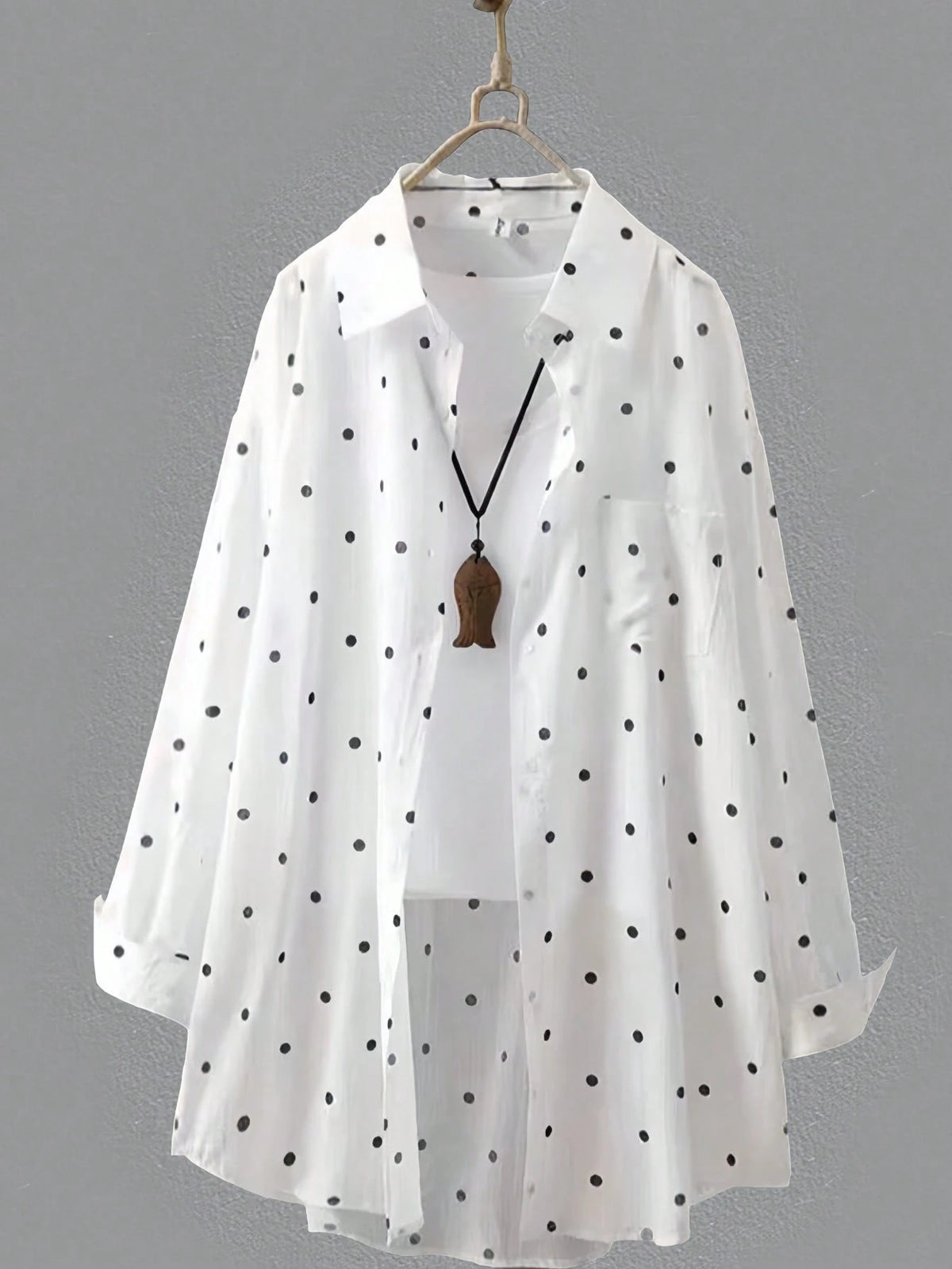 Women's White Polka Dot Long Shirt, Collared, Long Sleeve, Front Button Pocket, Regular Hem, Rolled Sleeve, Flowy Breathable Lightweight Shirt, Summer Beach Vacation Sun Protection Outerwear Spring