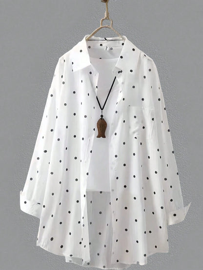 Women's White Polka Dot Long Shirt, Collared, Long Sleeve, Front Button Pocket, Regular Hem, Rolled Sleeve, Flowy Breathable Lightweight Shirt, Summer Beach Vacation Sun Protection Outerwear Spring