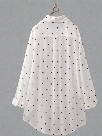 Women's White Polka Dot Long Shirt, Collared, Long Sleeve, Front Button Pocket, Regular Hem, Rolled Sleeve, Flowy Breathable Lightweight Shirt, Summer Beach Vacation Sun Protection Outerwear Spring