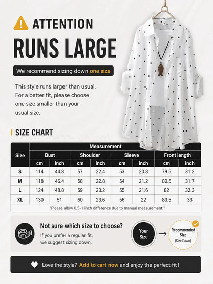 Women's White Polka Dot Long Shirt, Collared, Long Sleeve, Front Button Pocket, Regular Hem, Rolled Sleeve, Flowy Breathable Lightweight Shirt, Summer Beach Vacation Sun Protection Outerwear Spring