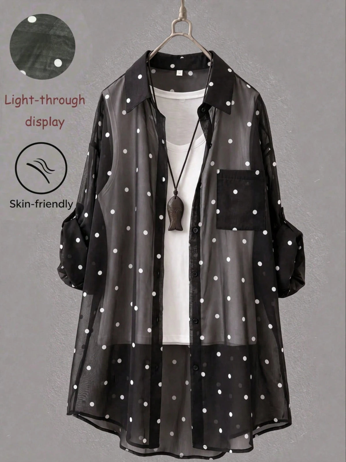 Women's White Polka Dot Long Shirt, Collared, Long Sleeve, Front Button Pocket, Regular Hem, Rolled Sleeve, Flowy Breathable Lightweight Shirt, Summer Beach Vacation Sun Protection Outerwear Spring