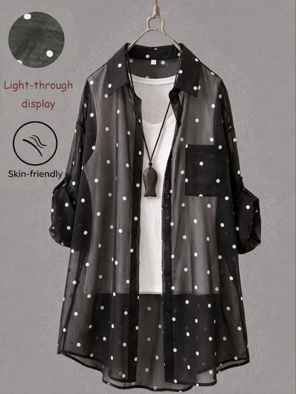 Women's White Polka Dot Long Shirt, Collared, Long Sleeve, Front Button Pocket, Regular Hem, Rolled Sleeve, Flowy Breathable Lightweight Shirt, Summer Beach Vacation Sun Protection Outerwear Spring