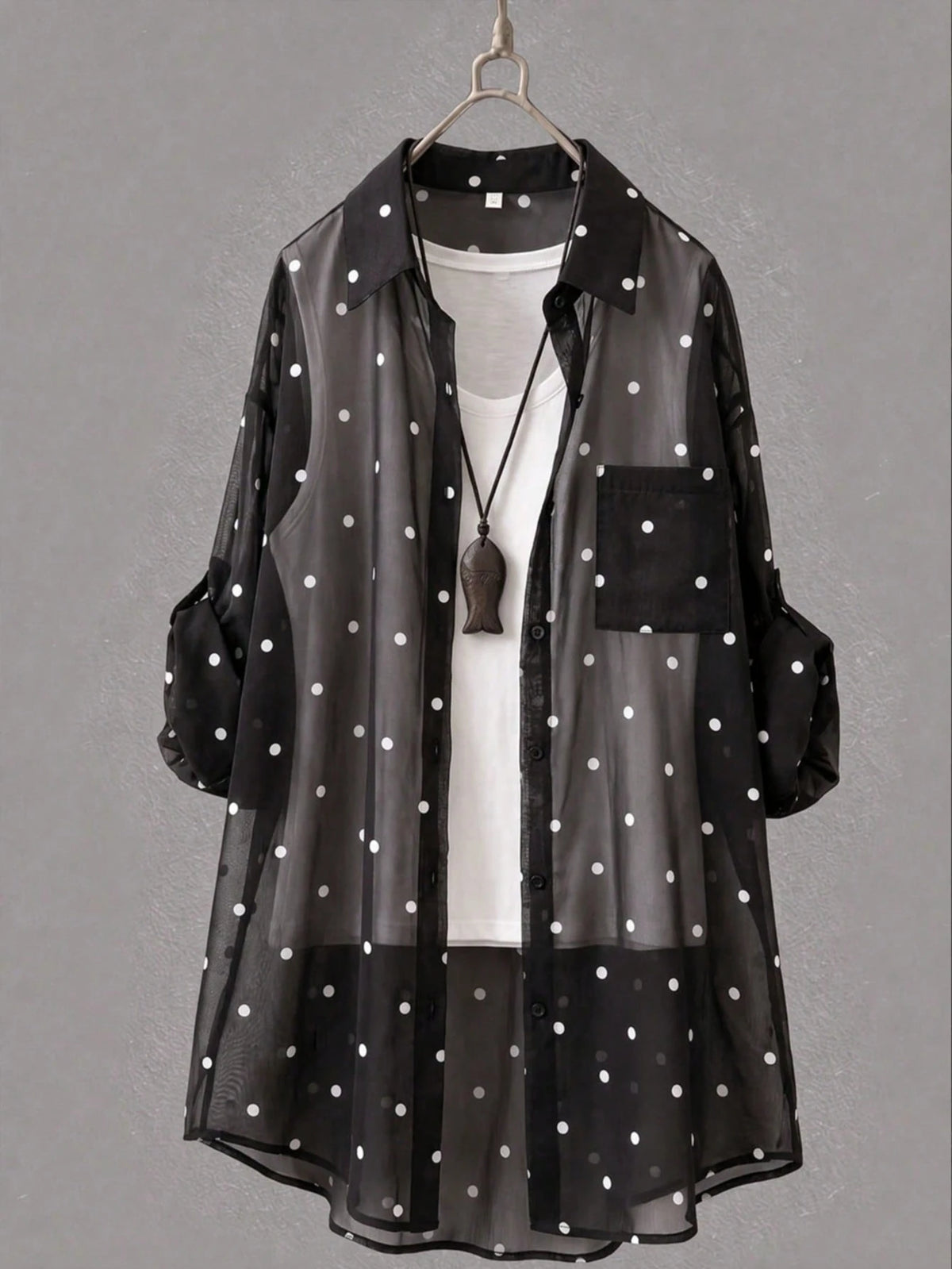 Women's White Polka Dot Long Shirt, Collared, Long Sleeve, Front Button Pocket, Regular Hem, Rolled Sleeve, Flowy Breathable Lightweight Shirt, Summer Beach Vacation Sun Protection Outerwear Spring