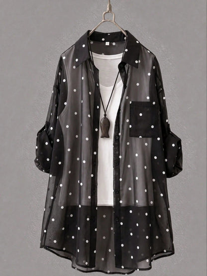Women's White Polka Dot Long Shirt, Collared, Long Sleeve, Front Button Pocket, Regular Hem, Rolled Sleeve, Flowy Breathable Lightweight Shirt, Summer Beach Vacation Sun Protection Outerwear Spring