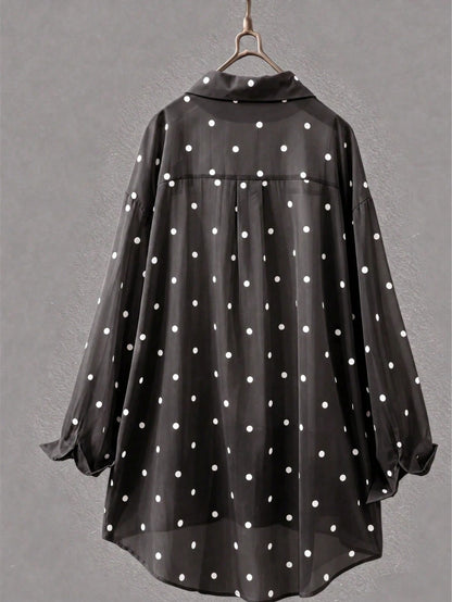 Women's White Polka Dot Long Shirt, Collared, Long Sleeve, Front Button Pocket, Regular Hem, Rolled Sleeve, Flowy Breathable Lightweight Shirt, Summer Beach Vacation Sun Protection Outerwear Spring