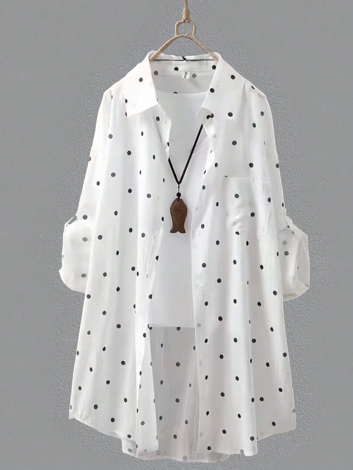 Women's White Polka Dot Long Shirt, Collared, Long Sleeve, Front Button Pocket, Regular Hem, Rolled Sleeve, Flowy Breathable Lightweight Shirt, Summer Beach Vacation Sun Protection Outerwear Spring