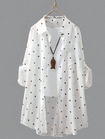 Women's White Polka Dot Long Shirt, Collared, Long Sleeve, Front Button Pocket, Regular Hem, Rolled Sleeve, Flowy Breathable Lightweight Shirt, Summer Beach Vacation Sun Protection Outerwear Spring