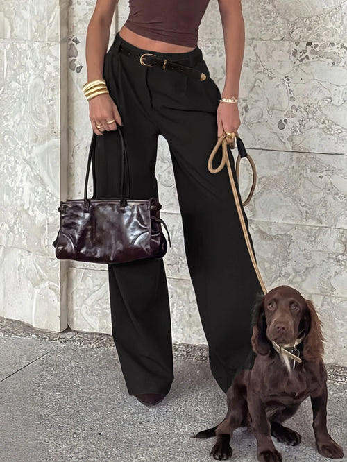 Women's Wide Leg Pants, Elegant And Fashionable Office Commuter, With Belt And Pocket Details, Brown Trousers For Summer Black, Office Siren