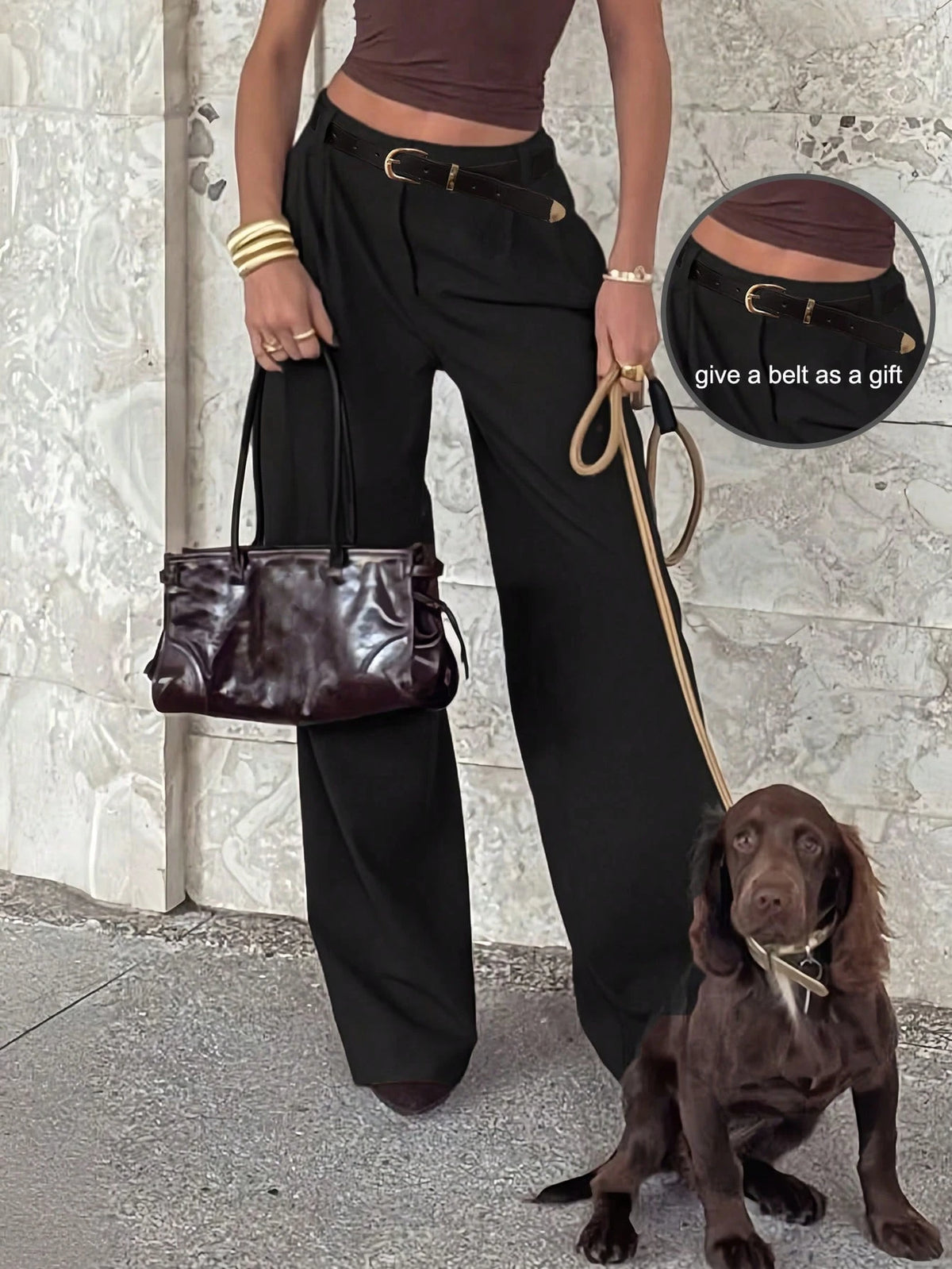 Women's Wide Leg Pants, Elegant And Fashionable Office Commuter, With Belt And Pocket Details, Brown Trousers For Summer Black, Office Siren