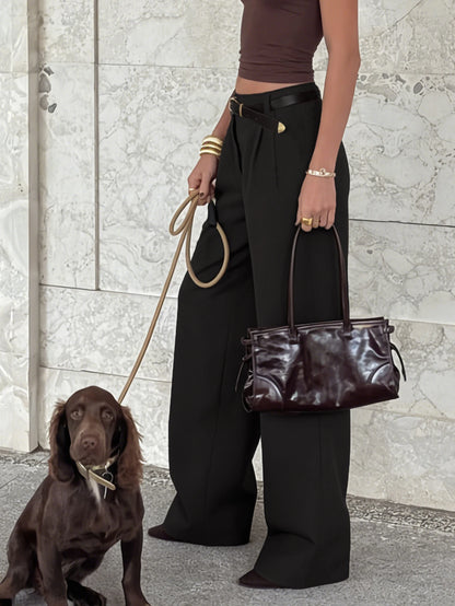 Women's Wide Leg Pants, Elegant And Fashionable Office Commuter, With Belt And Pocket Details, Brown Trousers For Summer Black, Office Siren