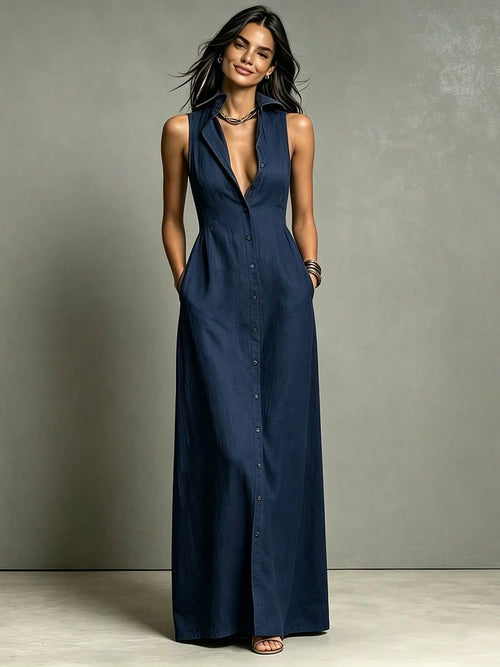 Women Summer Casual Dress New Arrival Solid Color Lapel Collar Button Front Sleeveless Loose Dress With Side Pockets