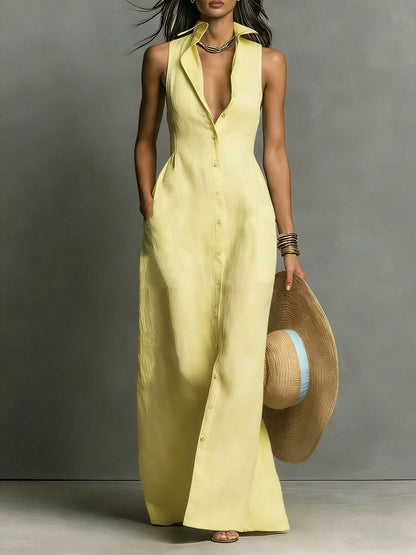 Women Summer Casual Dress New Arrival Solid Color Lapel Collar Button Front Sleeveless Loose Dress With Side Pockets