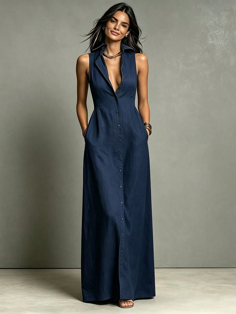Women Summer Casual Dress New Arrival Solid Color Lapel Collar Button Front Sleeveless Loose Dress With Side Pockets