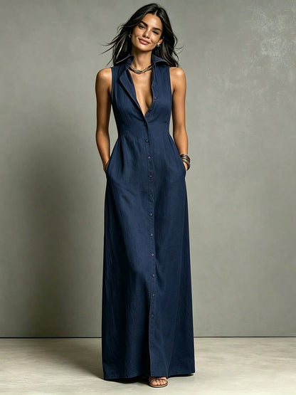 Women Summer Casual Dress New Arrival Solid Color Lapel Collar Button Front Sleeveless Loose Dress With Side Pockets