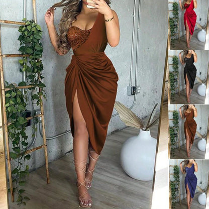 Women Summer Red Satin Formal Midi Dress, Asymmetrical One Shoulder Sequin Patchwork Ruched Waist Thigh High Split Night Out Wedding Guest Prom Gown