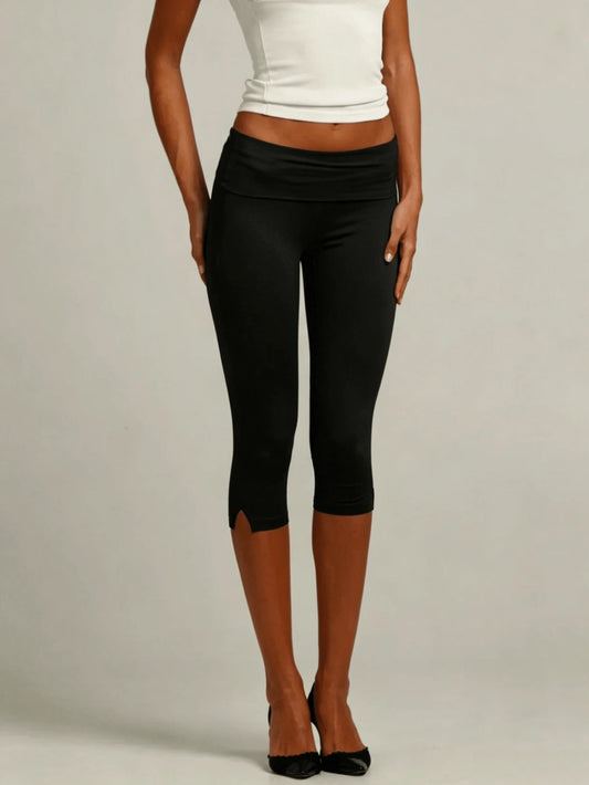 Women Y2k Fold Over Capri Pants Low Rise Knee Length Yoga Leggings Rollover Stretchy Cropped Leggings Solid Color Slim Fit Cropped Pants Summer Going Out Pants Daily Casual Streetwear, Tummy Control