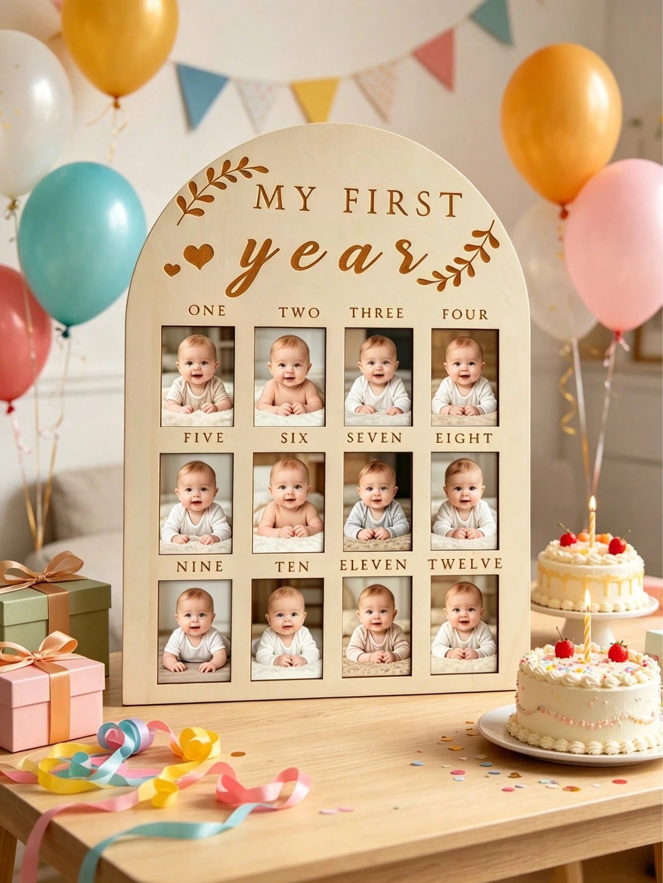 Wooden My First Year Photo Frame 12 Months Baby Monthly Milestone Collage Frame Baby 1st Birthday Decoration Keepsake Gift