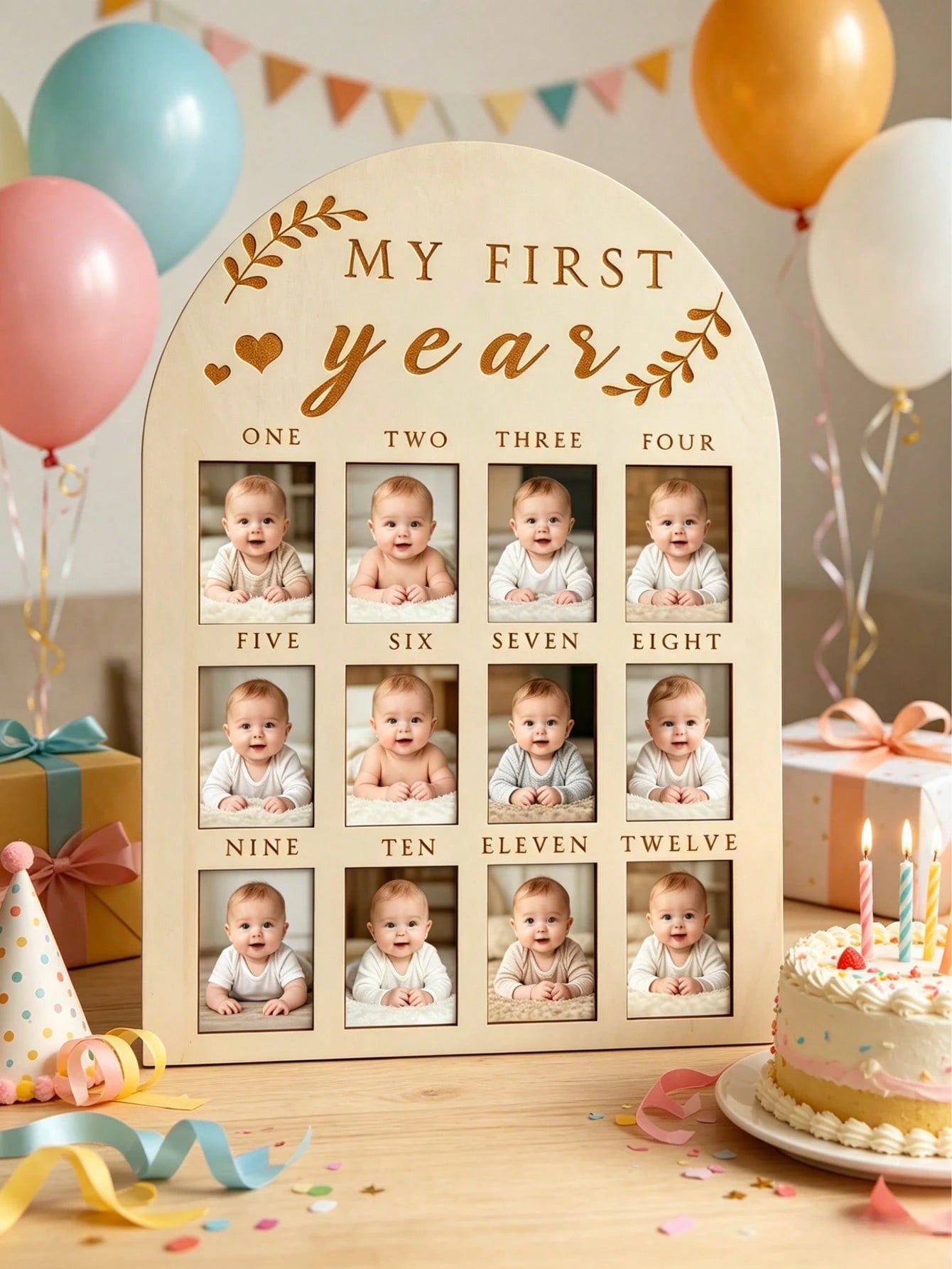 Wooden My First Year Photo Frame 12 Months Baby Monthly Milestone Collage Frame Baby 1st Birthday Decoration Keepsake Gift